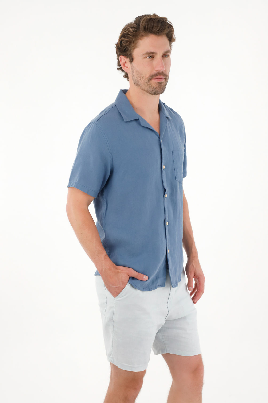 Camisa manga corta en 100% lino azul para hombre