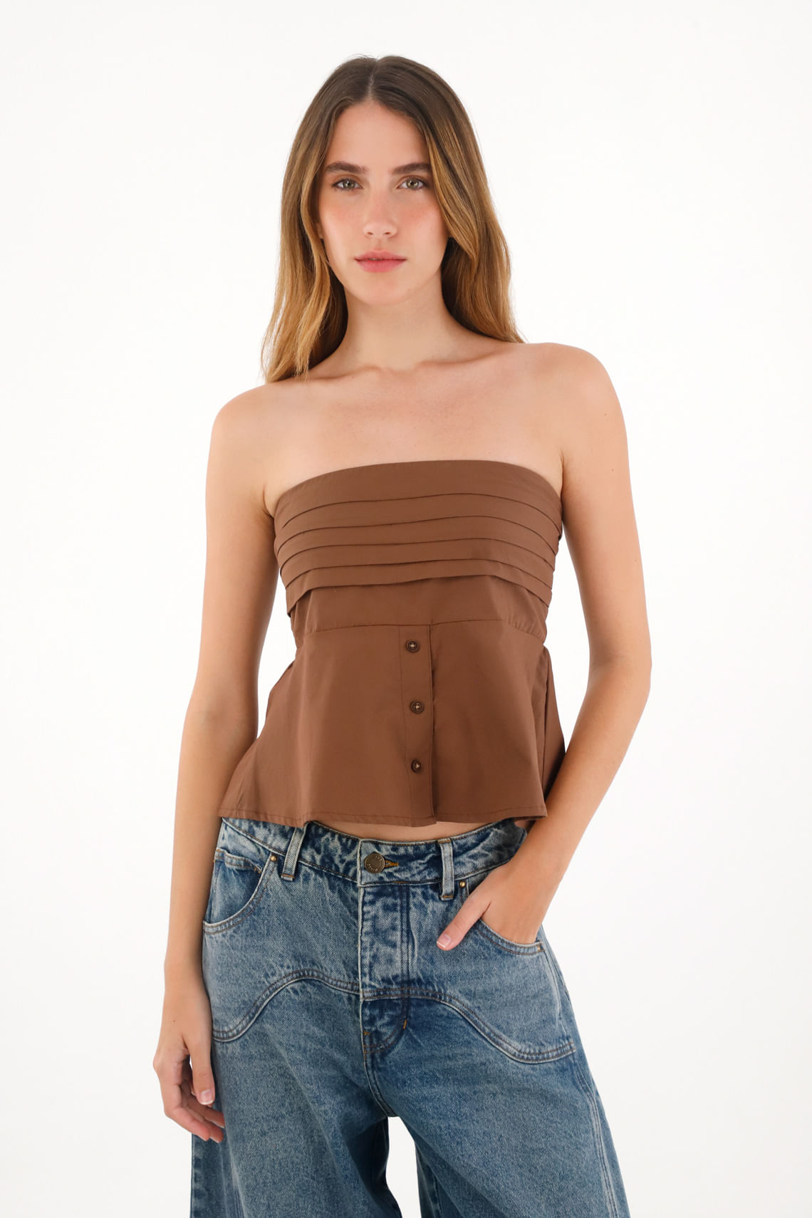 Camisa Strapless de botones café para mujer