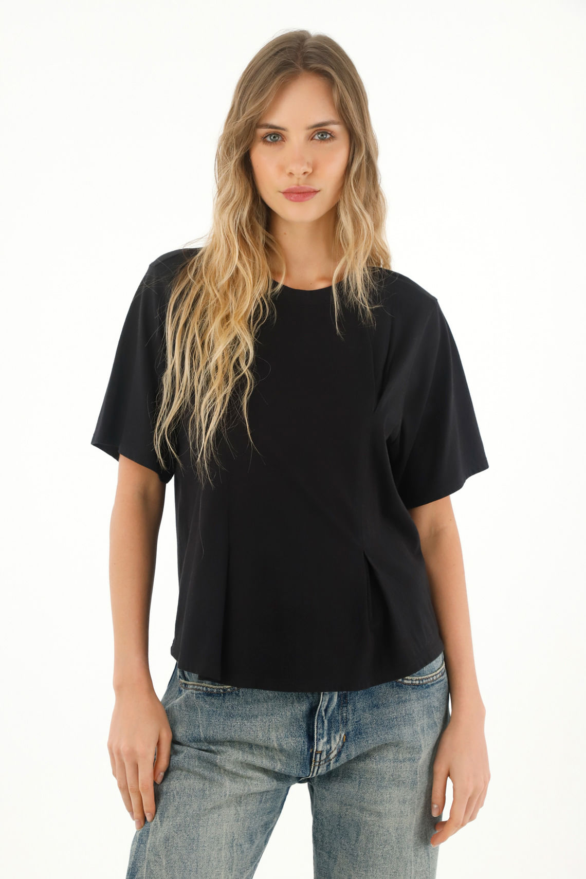 Camiseta manga corta con pinzas negra para mujer