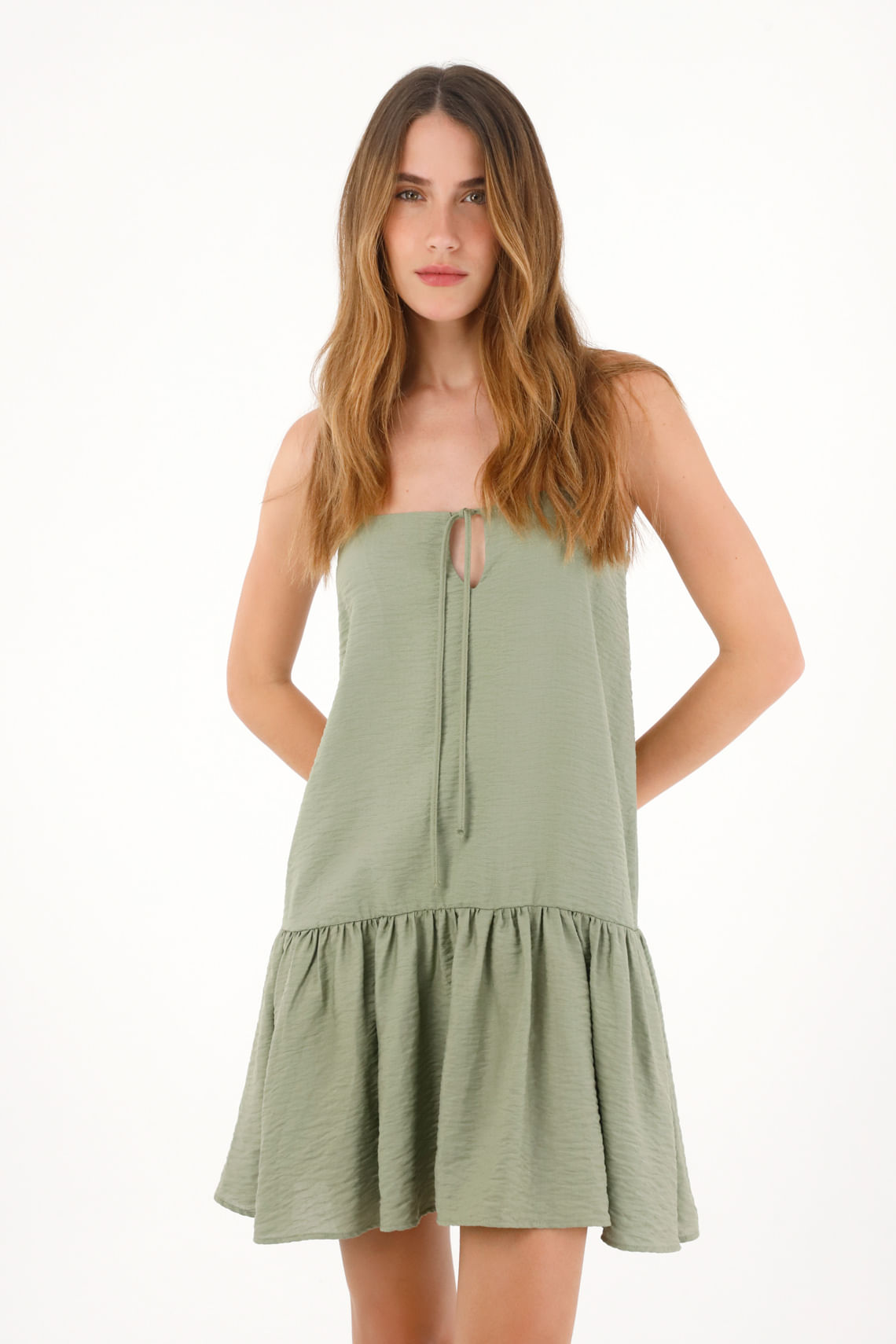 Vestido corto de tela con textura verde para mujer