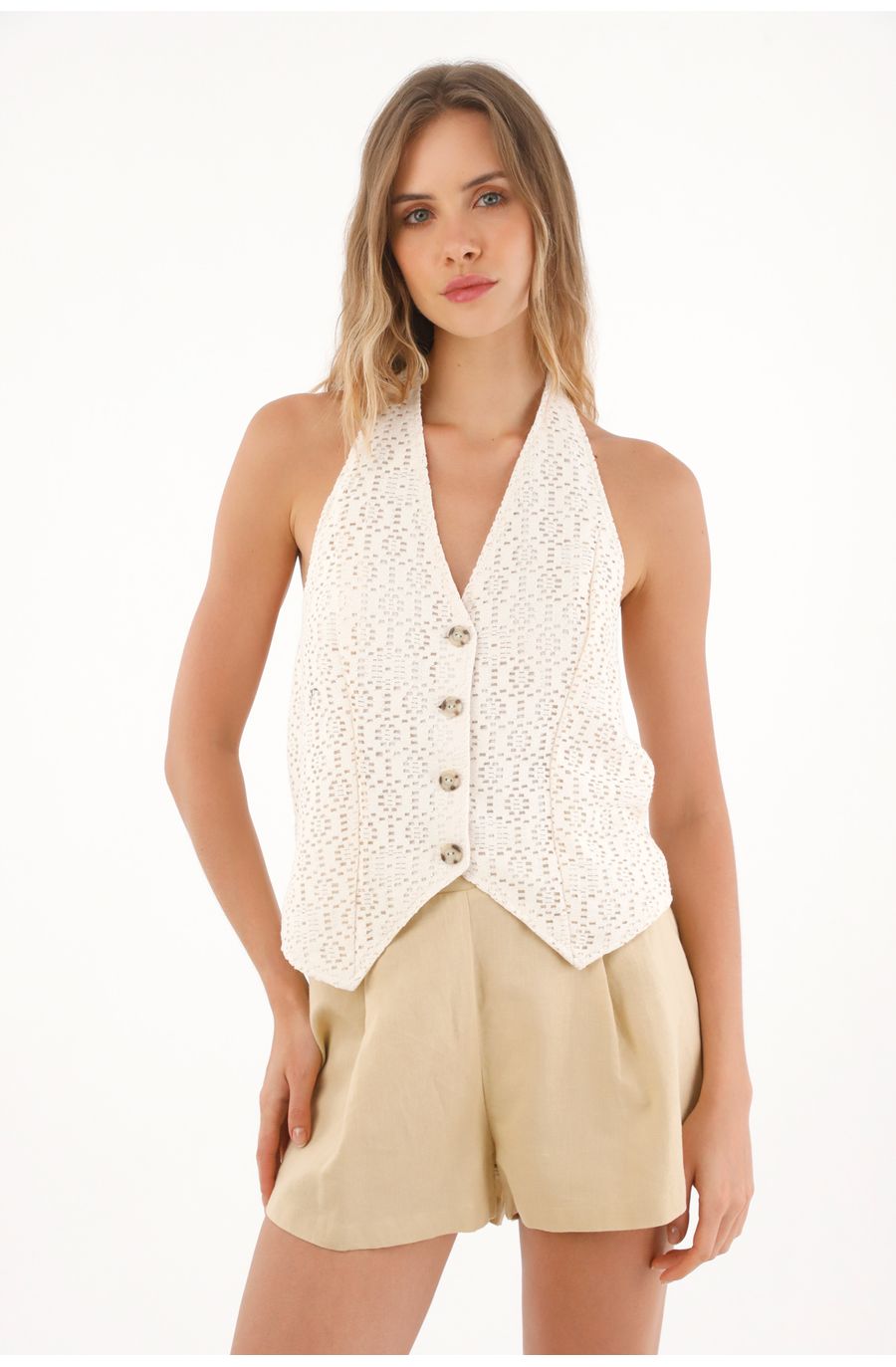 Chaleco tejido con tiras crudo para mujer