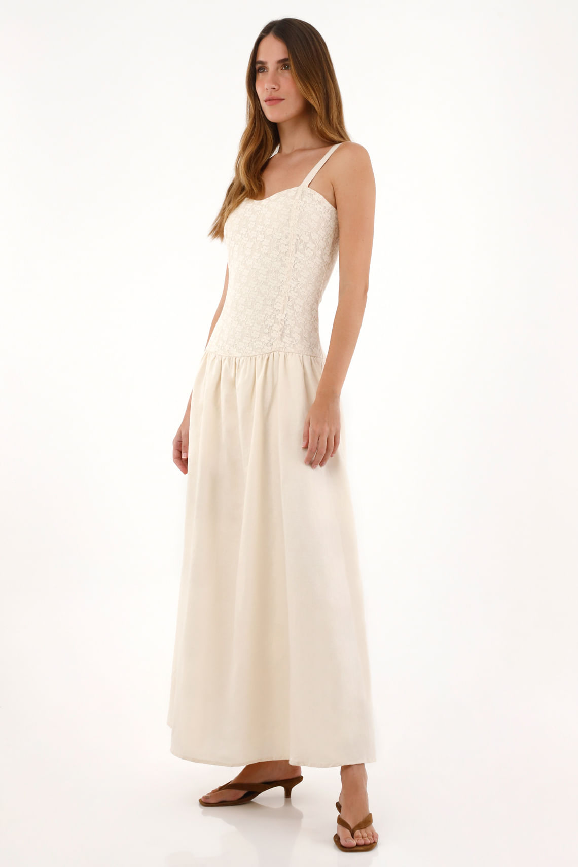 Vestido largo tipo lino con tela tejida crudo para mujer