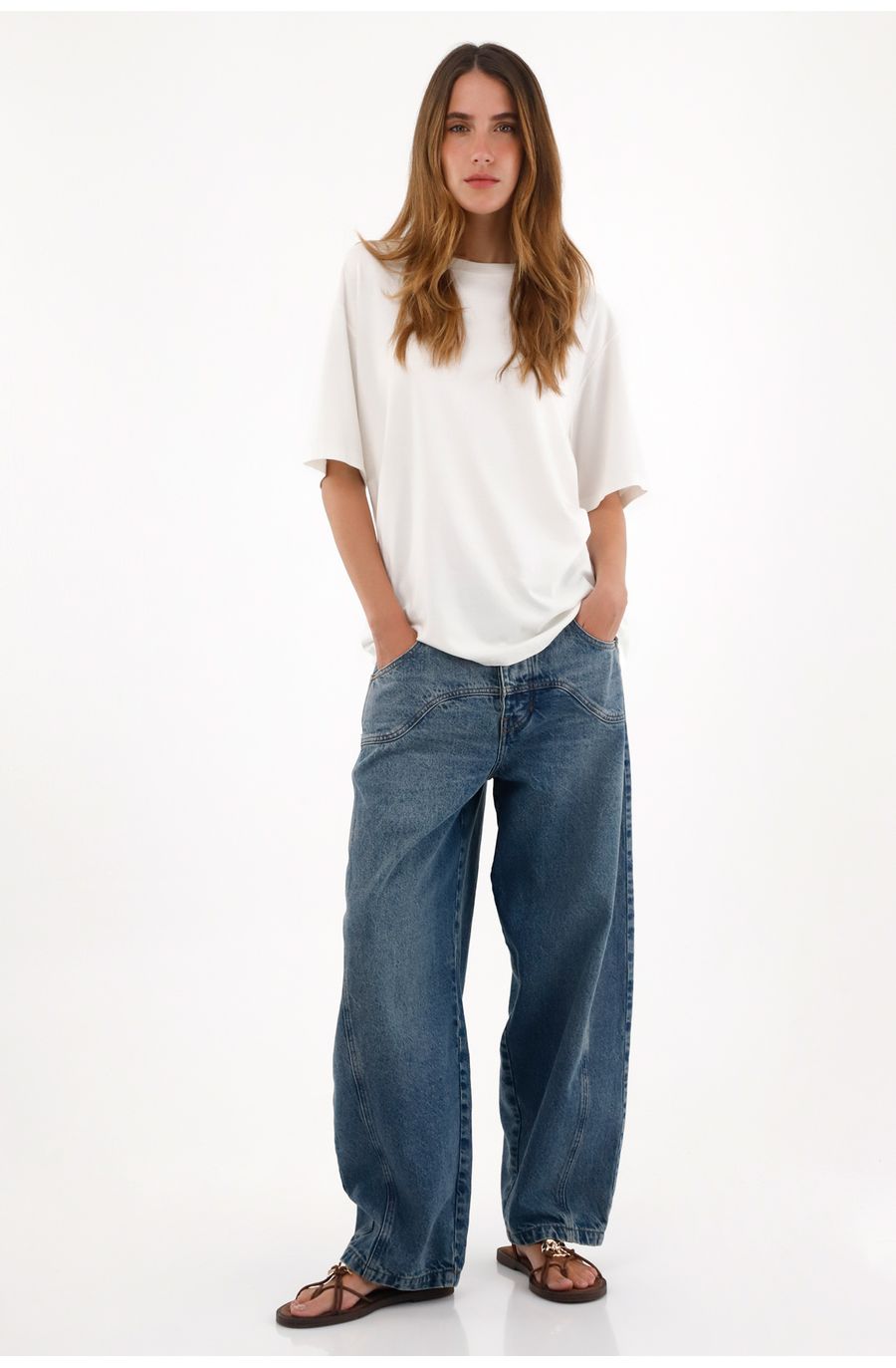 Camiseta oversize con cuello en rib blanca para mujer