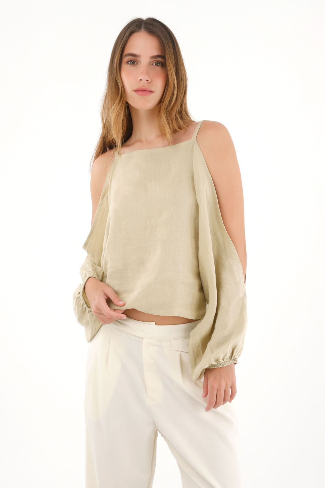 Camisa manga larga en 100% lino verde para mujer