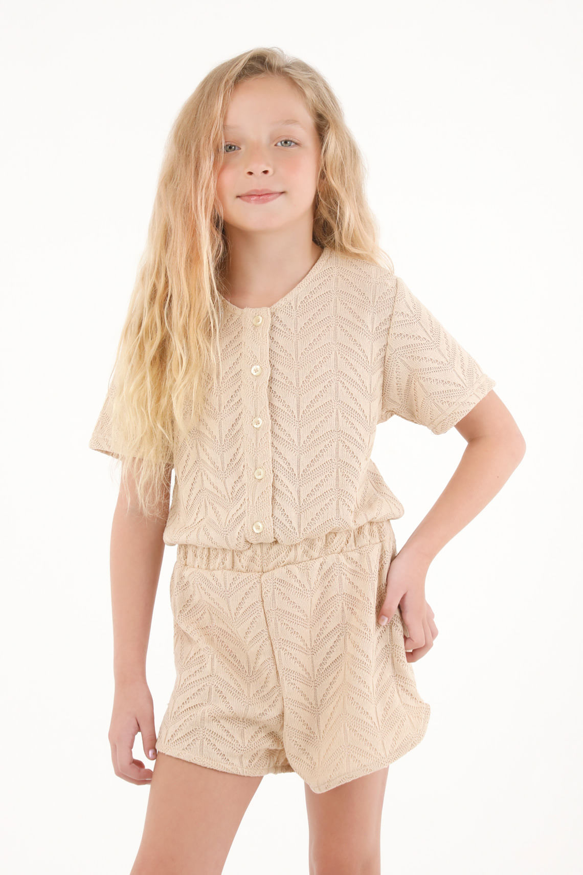 Enterizo corto tipo tejido crudo para niña