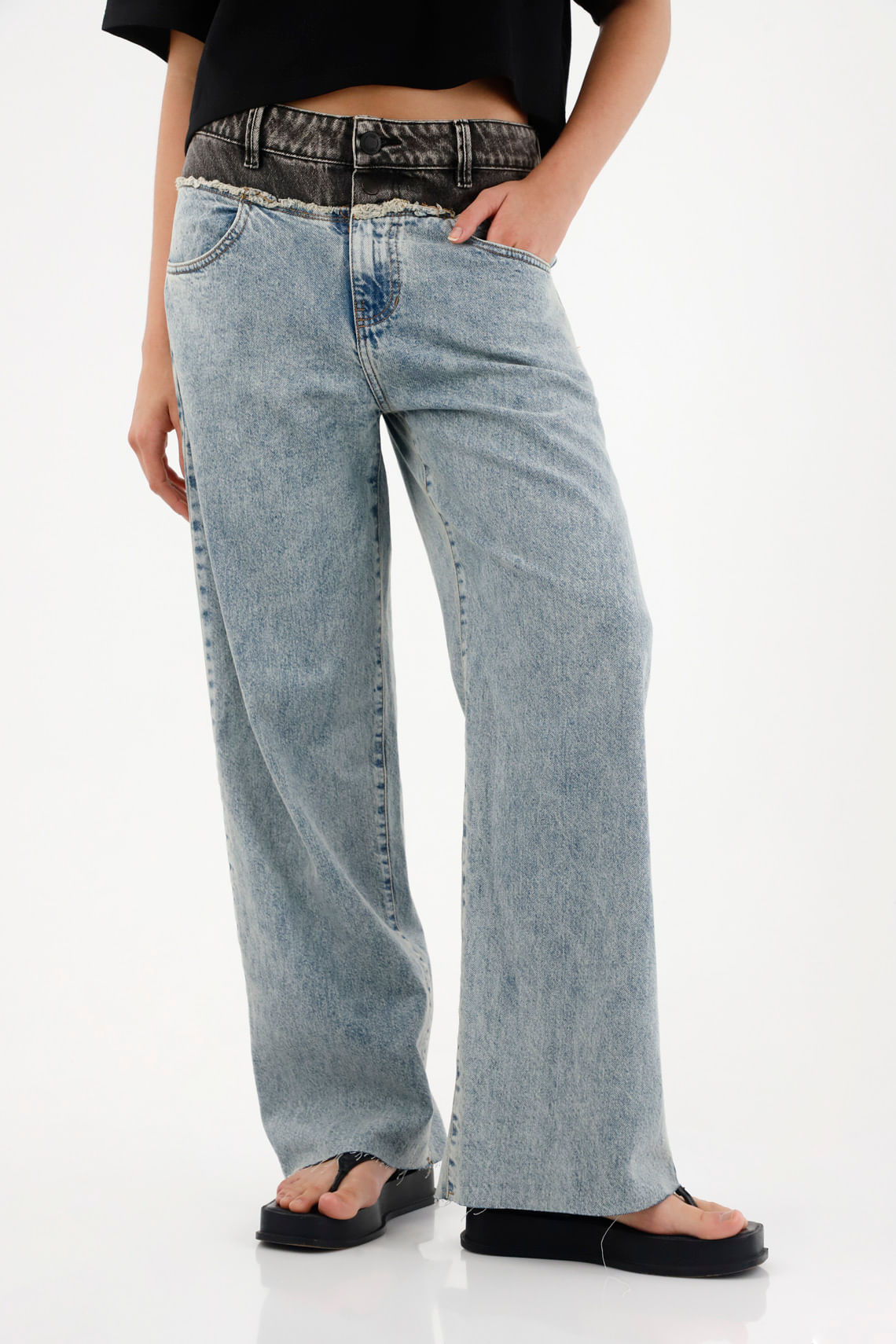 Jean Wide Leg de tiro alto con pretina en contraste para mujer