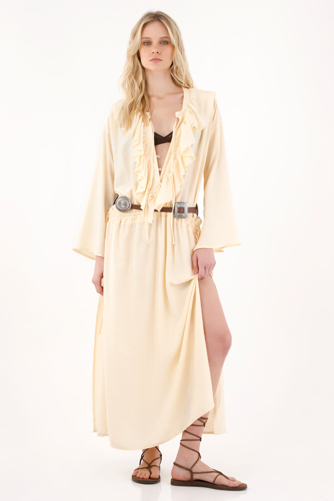 Vestido largo con escote en V amarillo para mujer