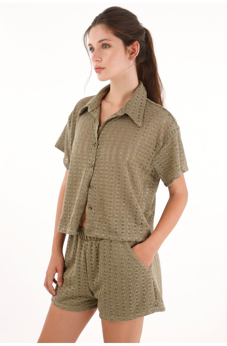 Camisa tejida manga corta verde para mujer