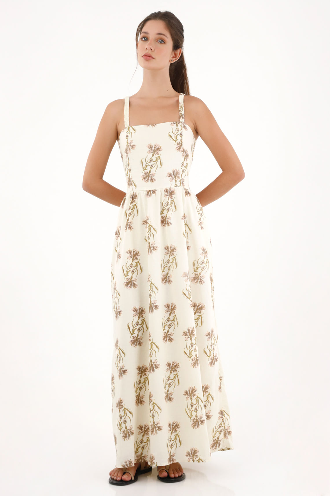 Vestido largo con estampado de flores crudo para mujer