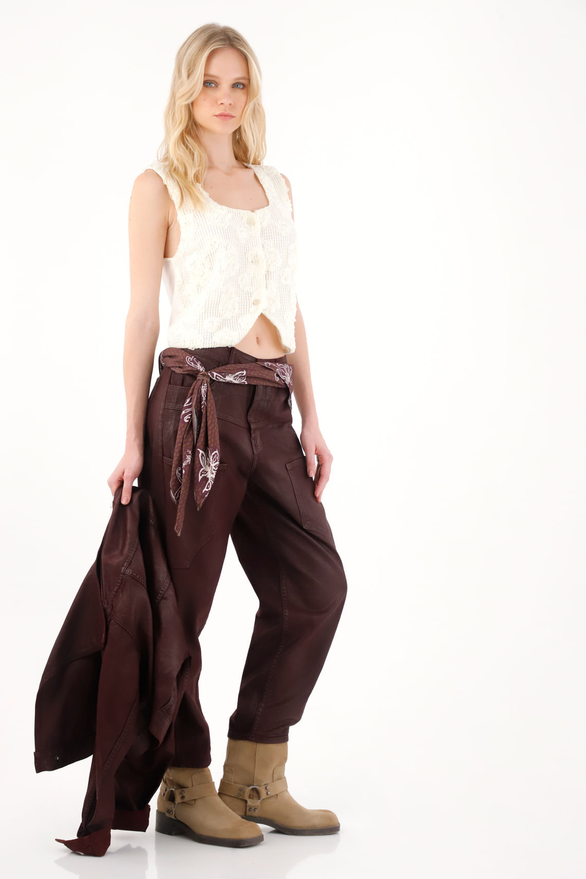 Jean Horseshoe efecto encerado rojo para mujer