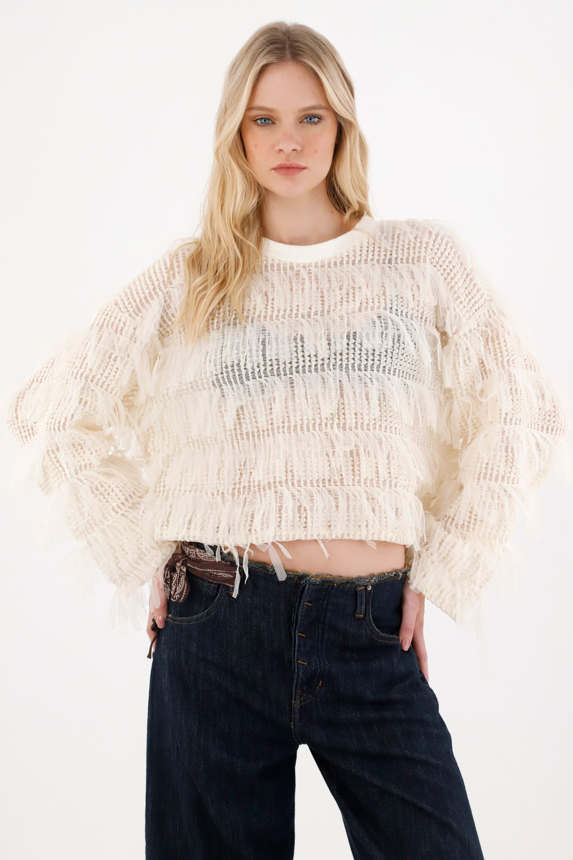 Buzo con detalles de flecos crudo para mujer