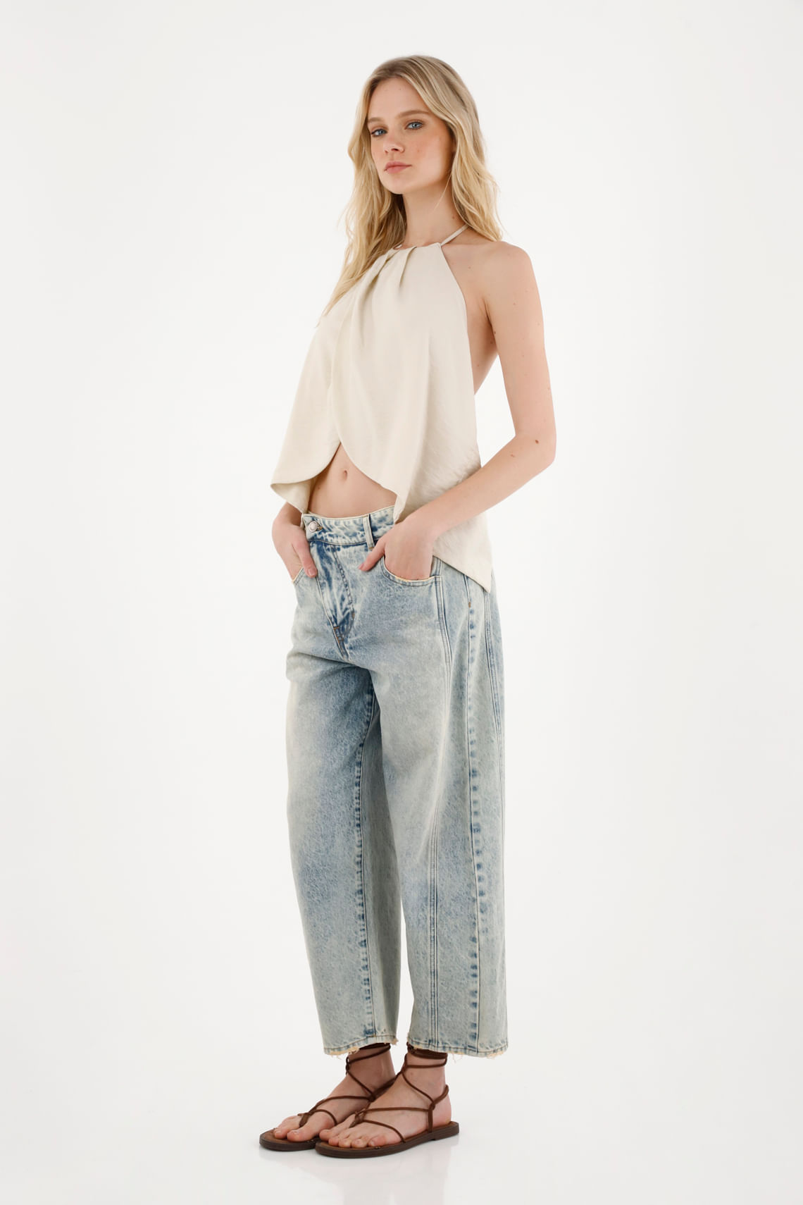 Jean Horseshoe tiro bajo con jota asimétrica azul para mujer