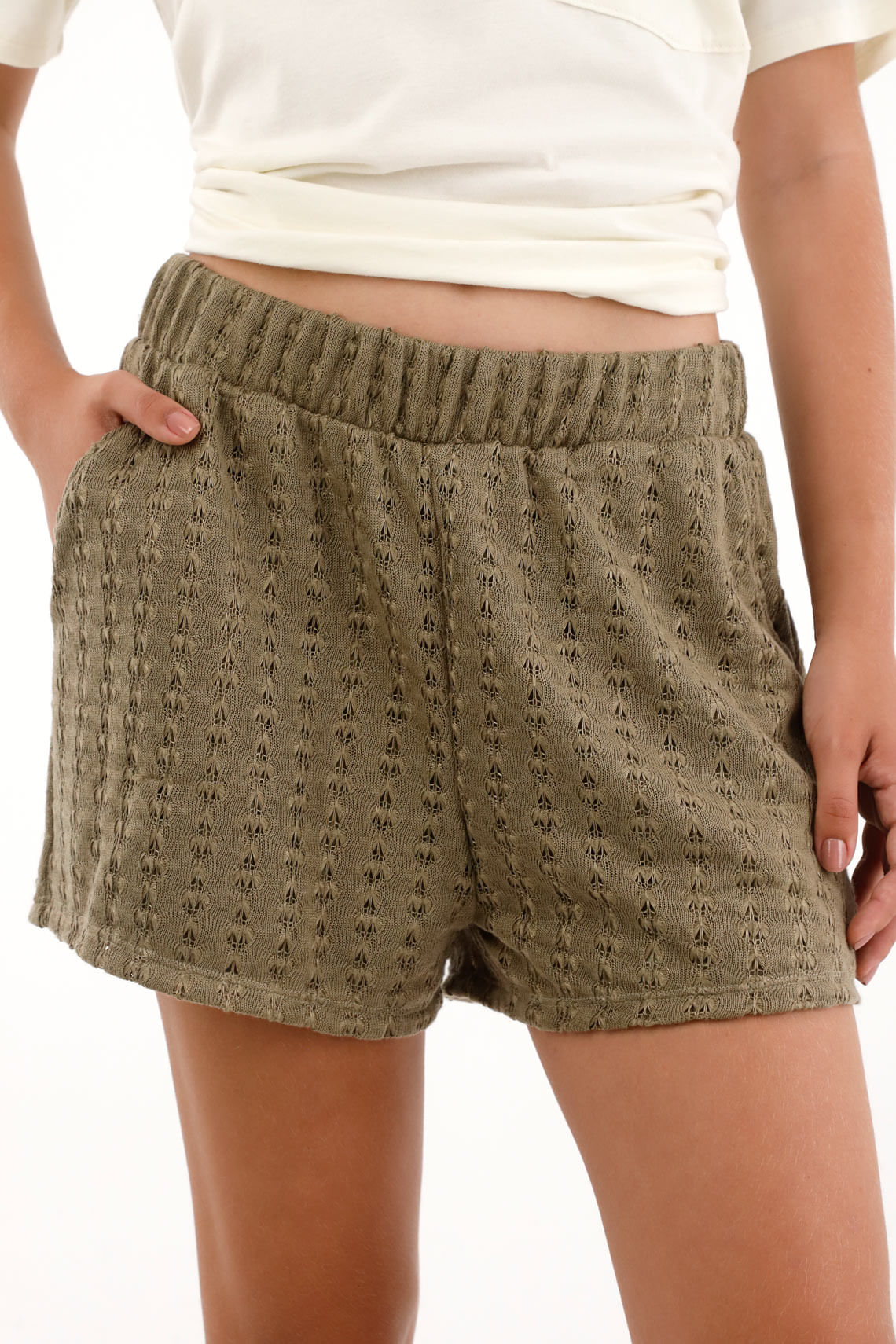 Short con pretina elástica tejido verde para mujer