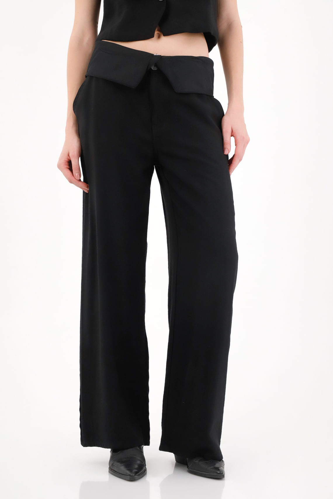 Pantalón Wide Leg con doblez en pretina negro para mujer