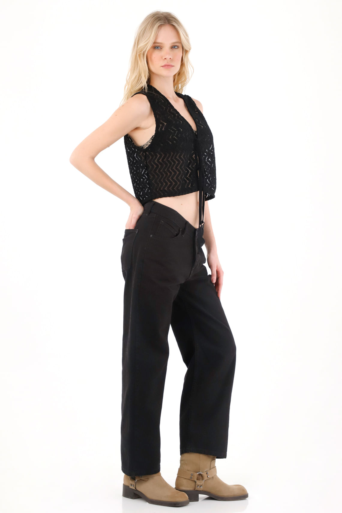 Jean Recto tiro bajo negro para mujer