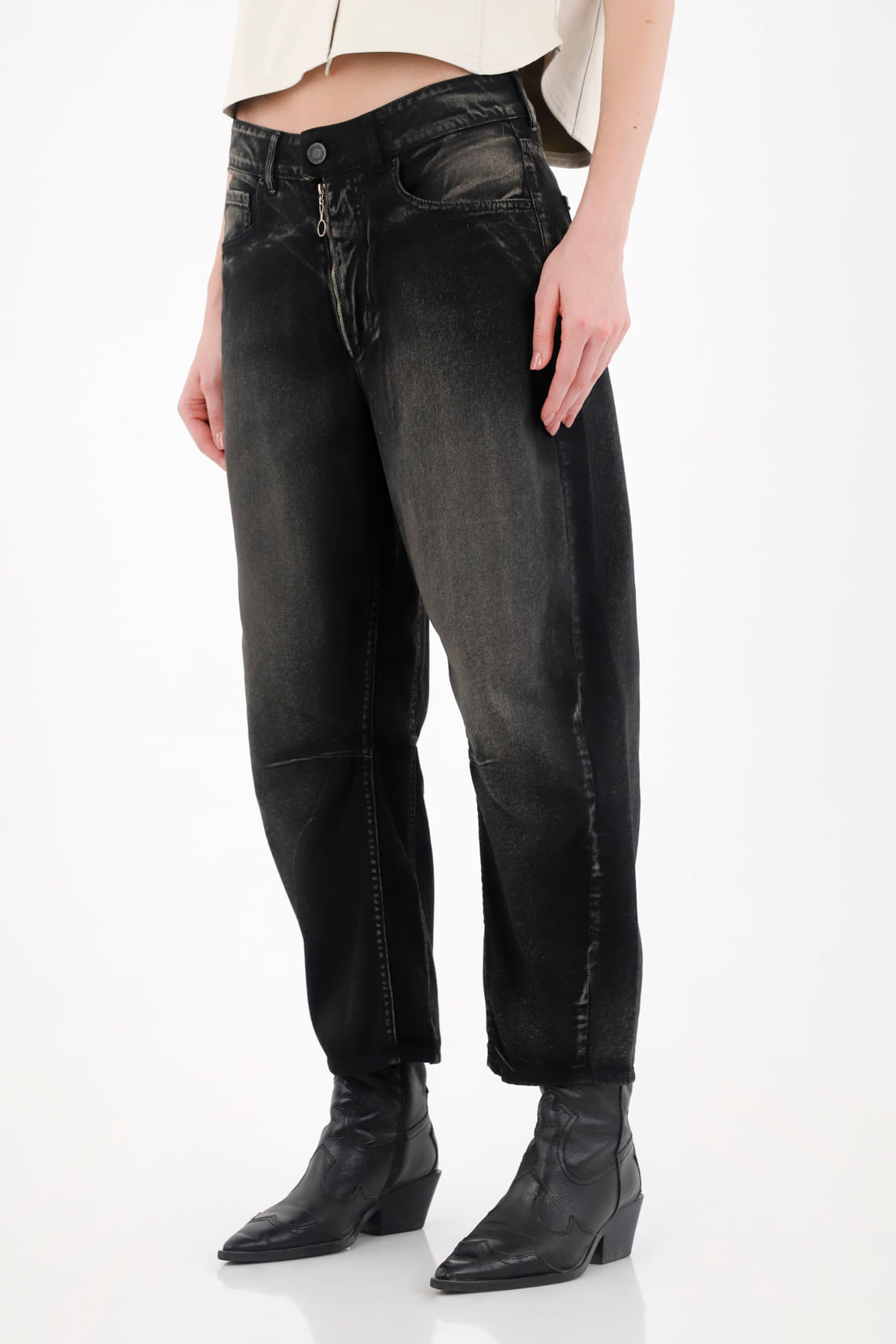 Jean Horseshoe tiro medio negro para mujer