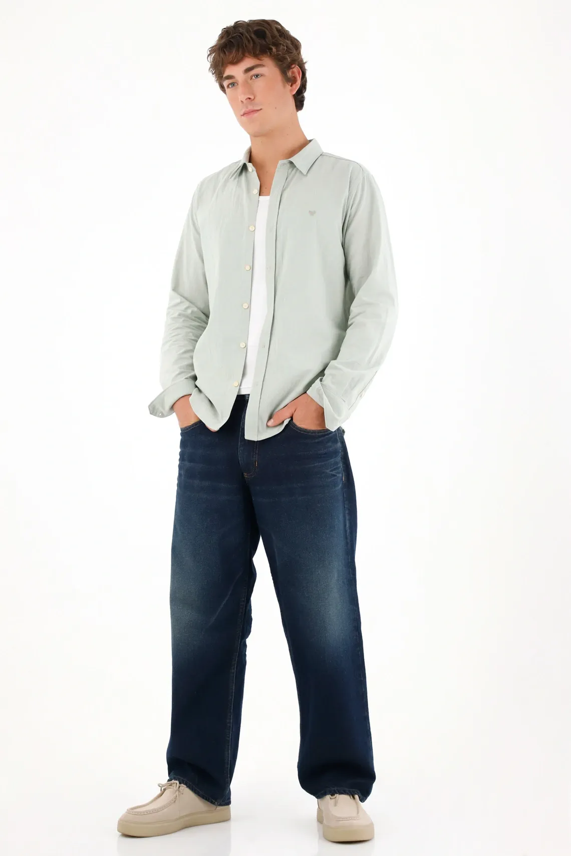 Camisa manga larga clásica verde para hombre