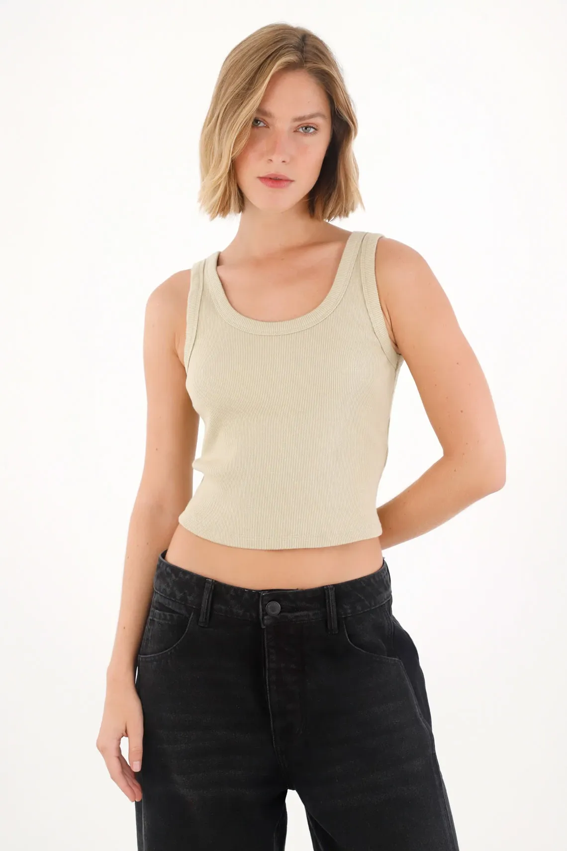 Camiseta en rib manga sisa café para mujer