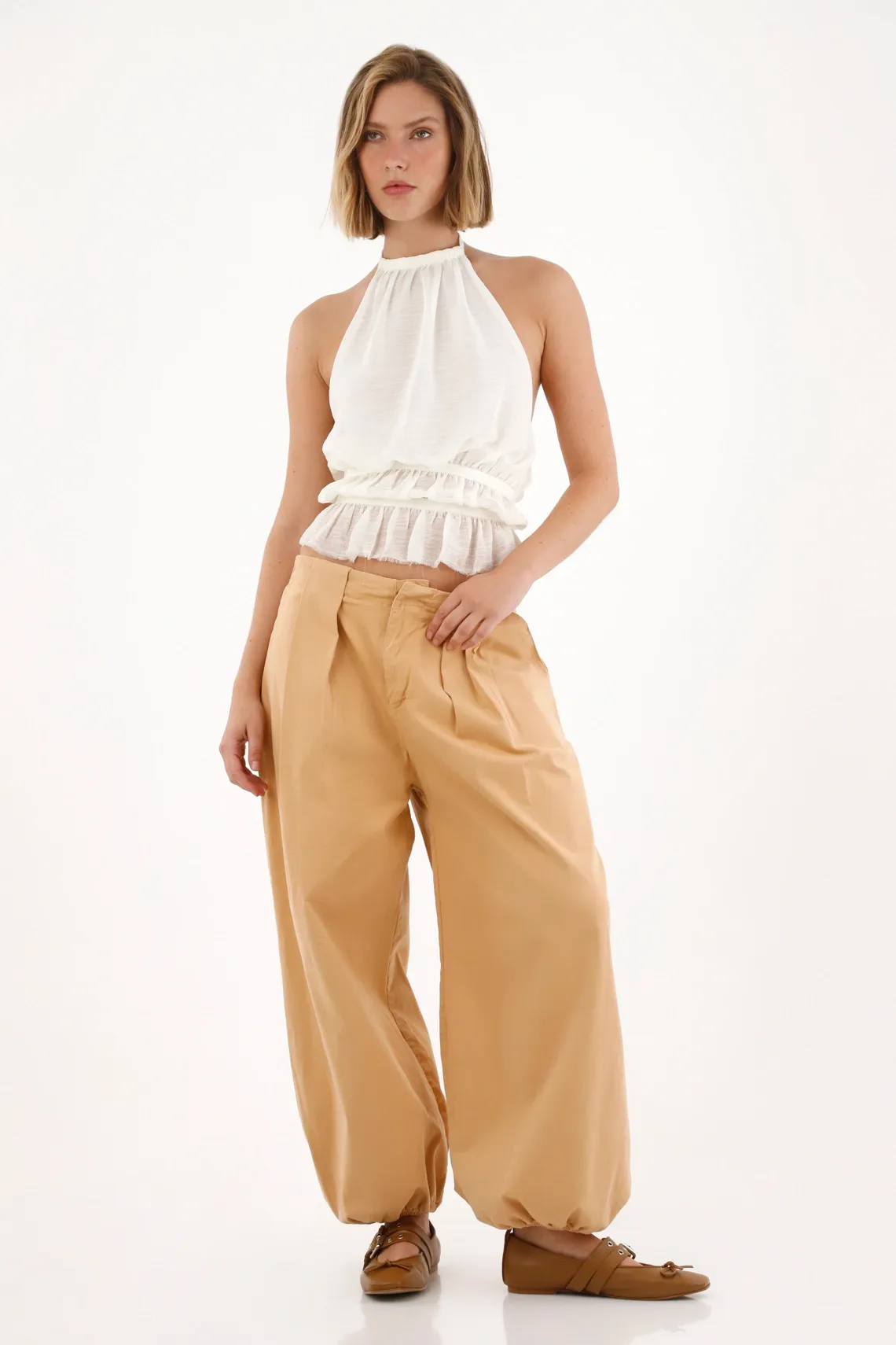 Pantalón en dril tipo Harem café para mujer