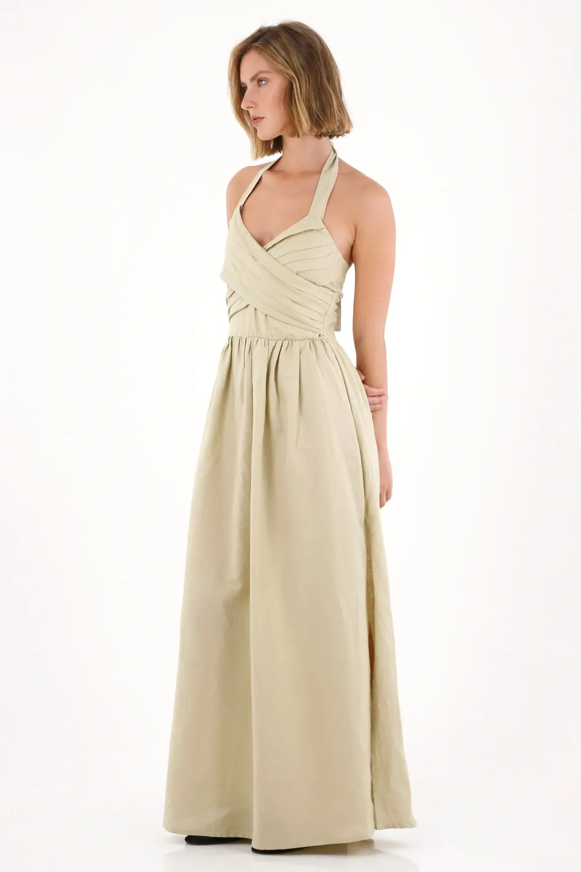 Vestido largo con escote en V verde para mujer