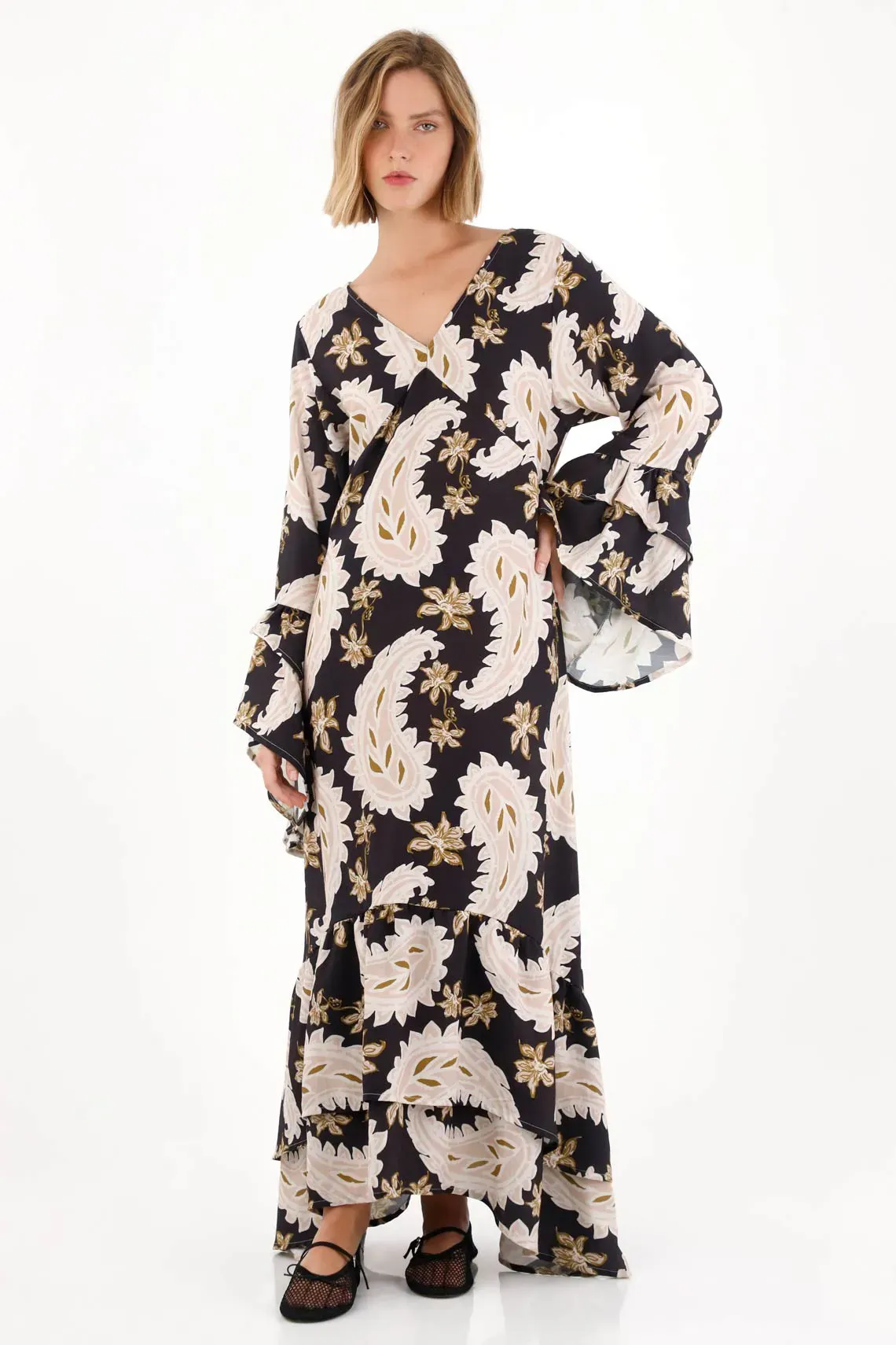 Vestido largo con escote en V estampado para mujer