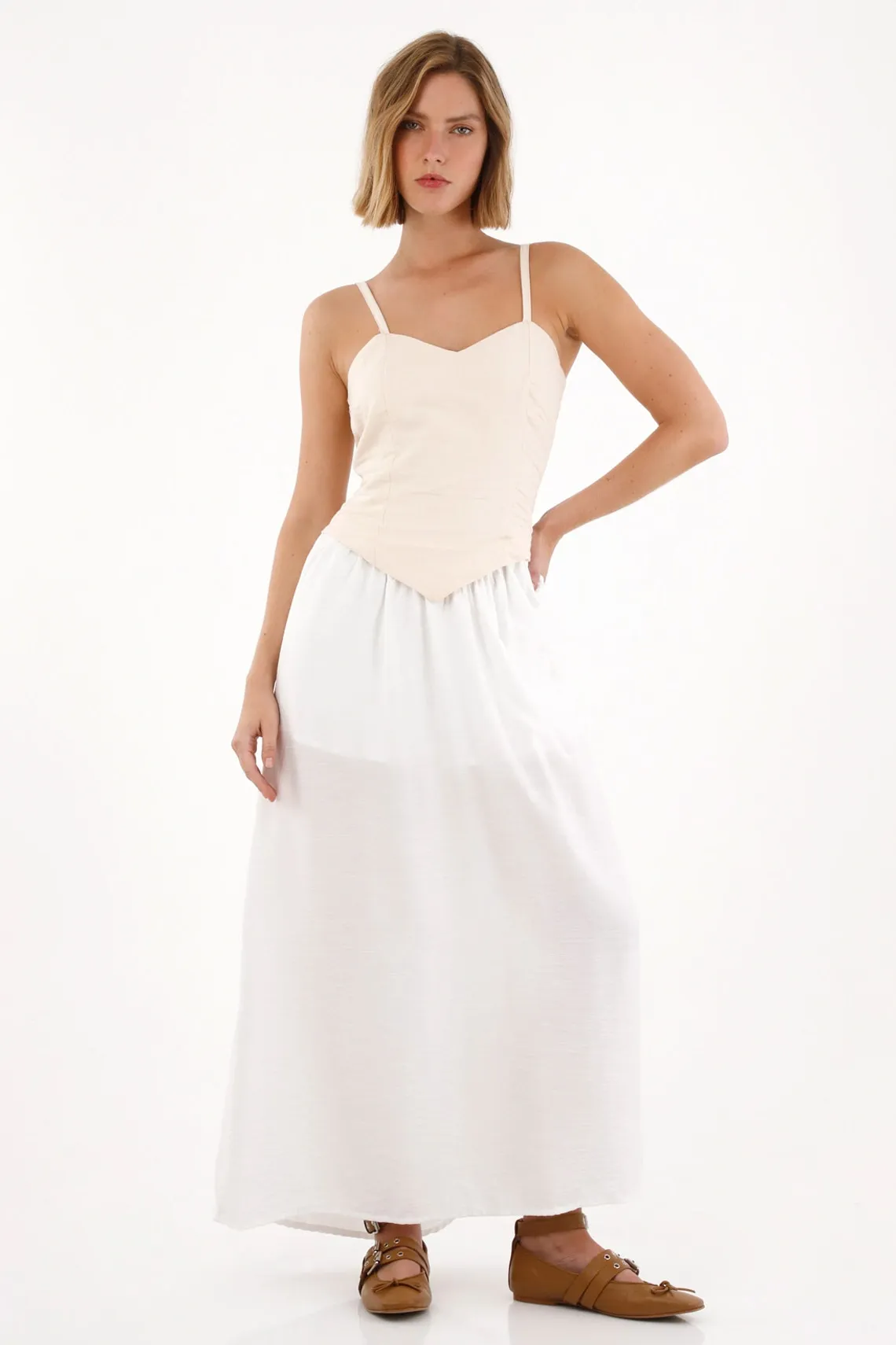 Vestido largo en mix de telas crudo para mujer