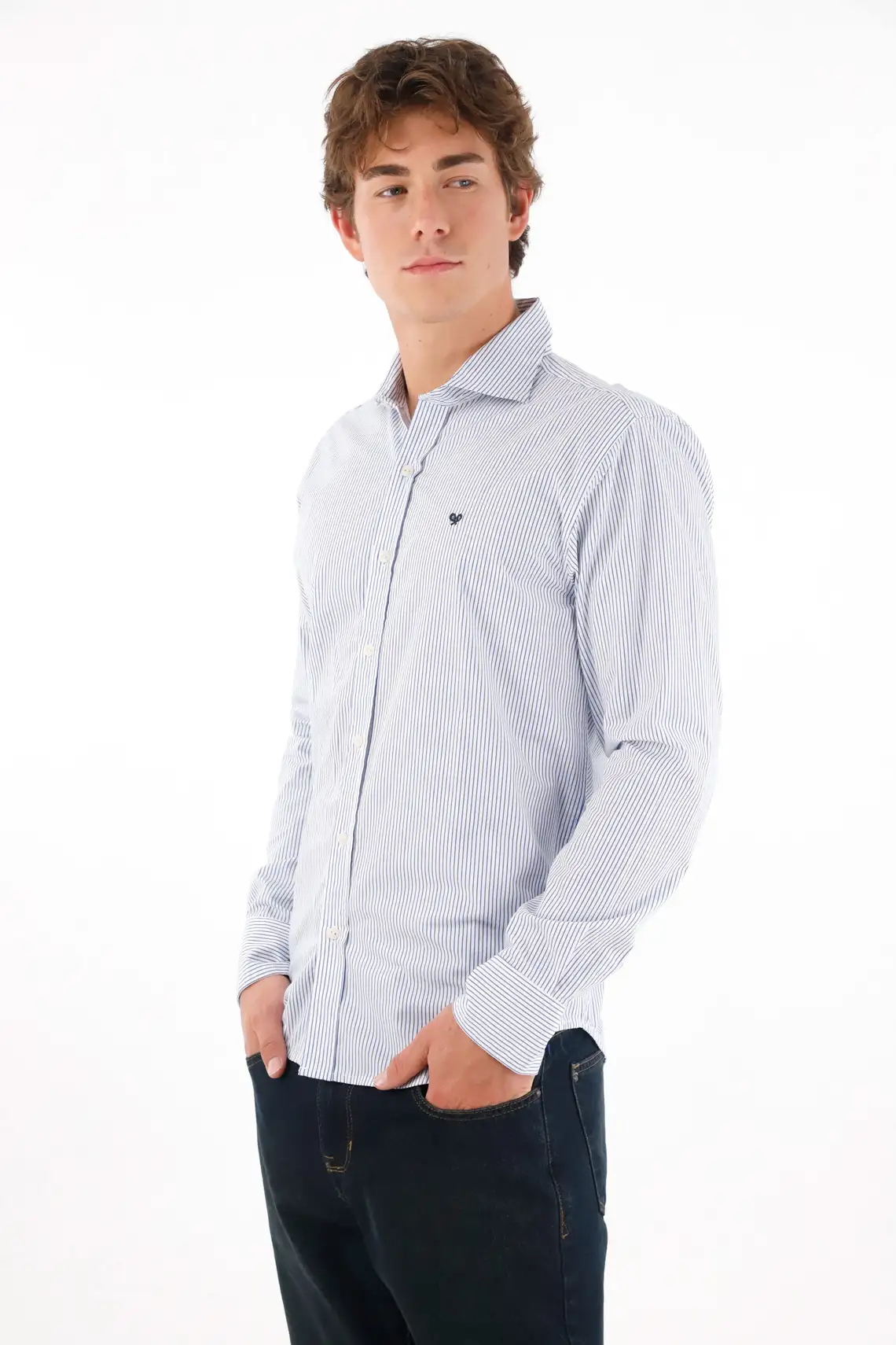 Camisa manga larga con textura azul para hombre