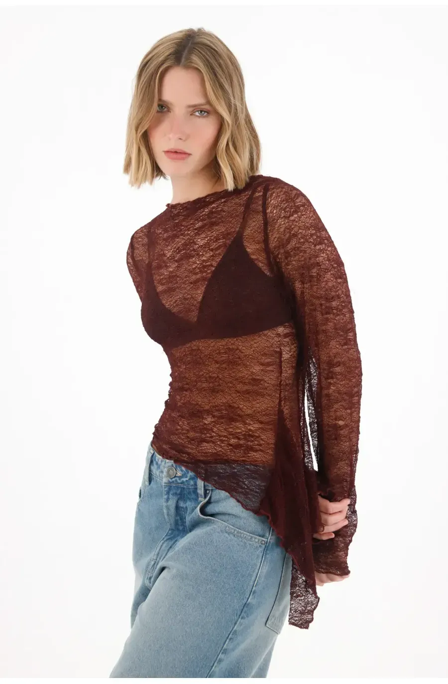 Camiseta manga larga en tela tipo blonda roja para mujer