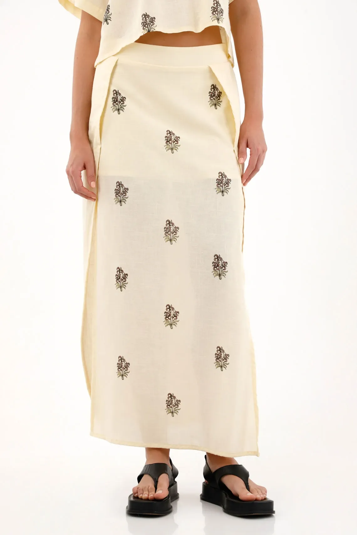 Falda larga con prints decorativos crudo para mujer