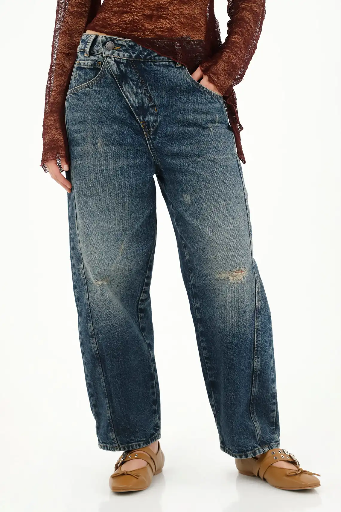 Jean Horseshoe tiro bajo con rotos azul para mujer