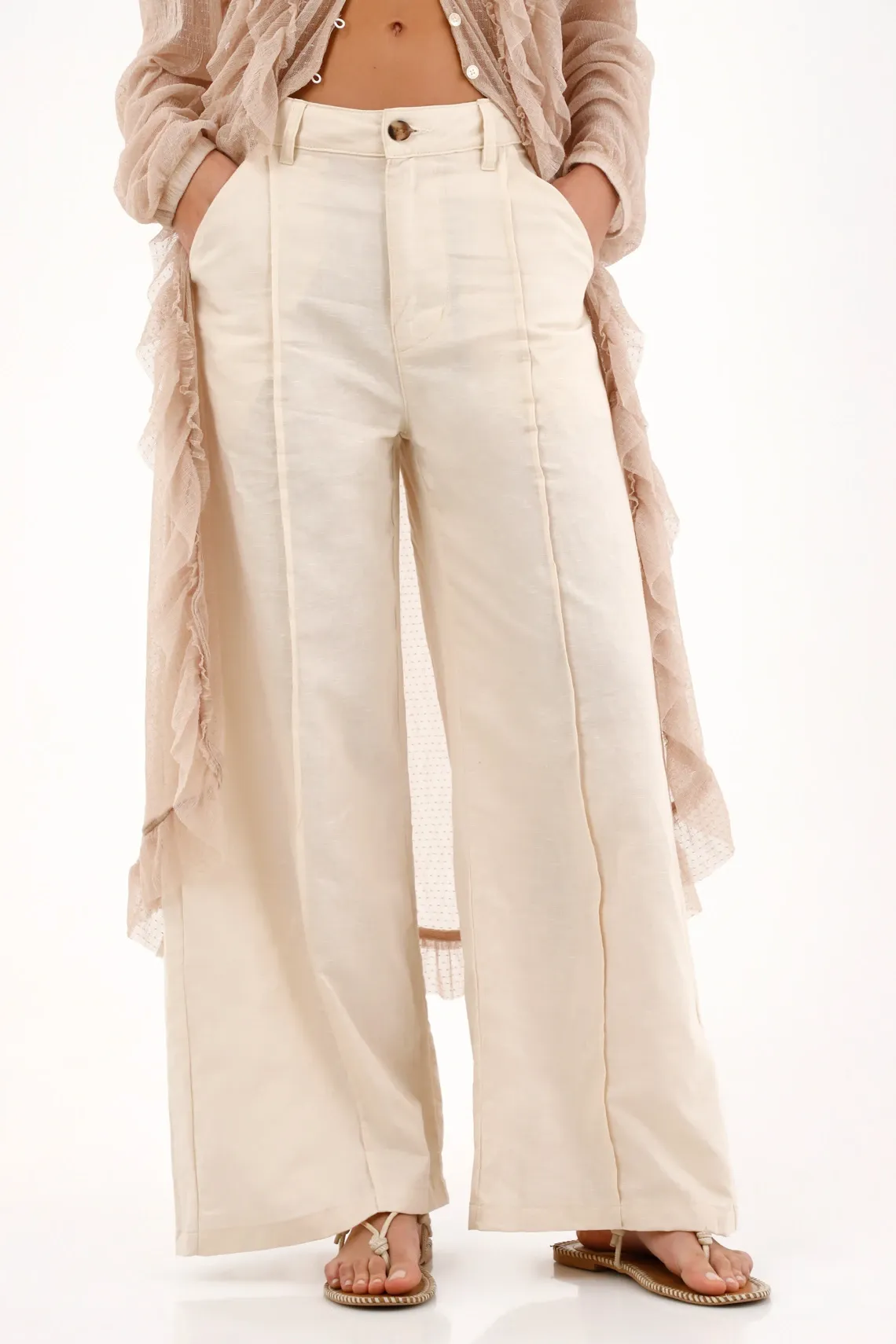 Pantalón Wide Leg con bolsillos crudo para mujer