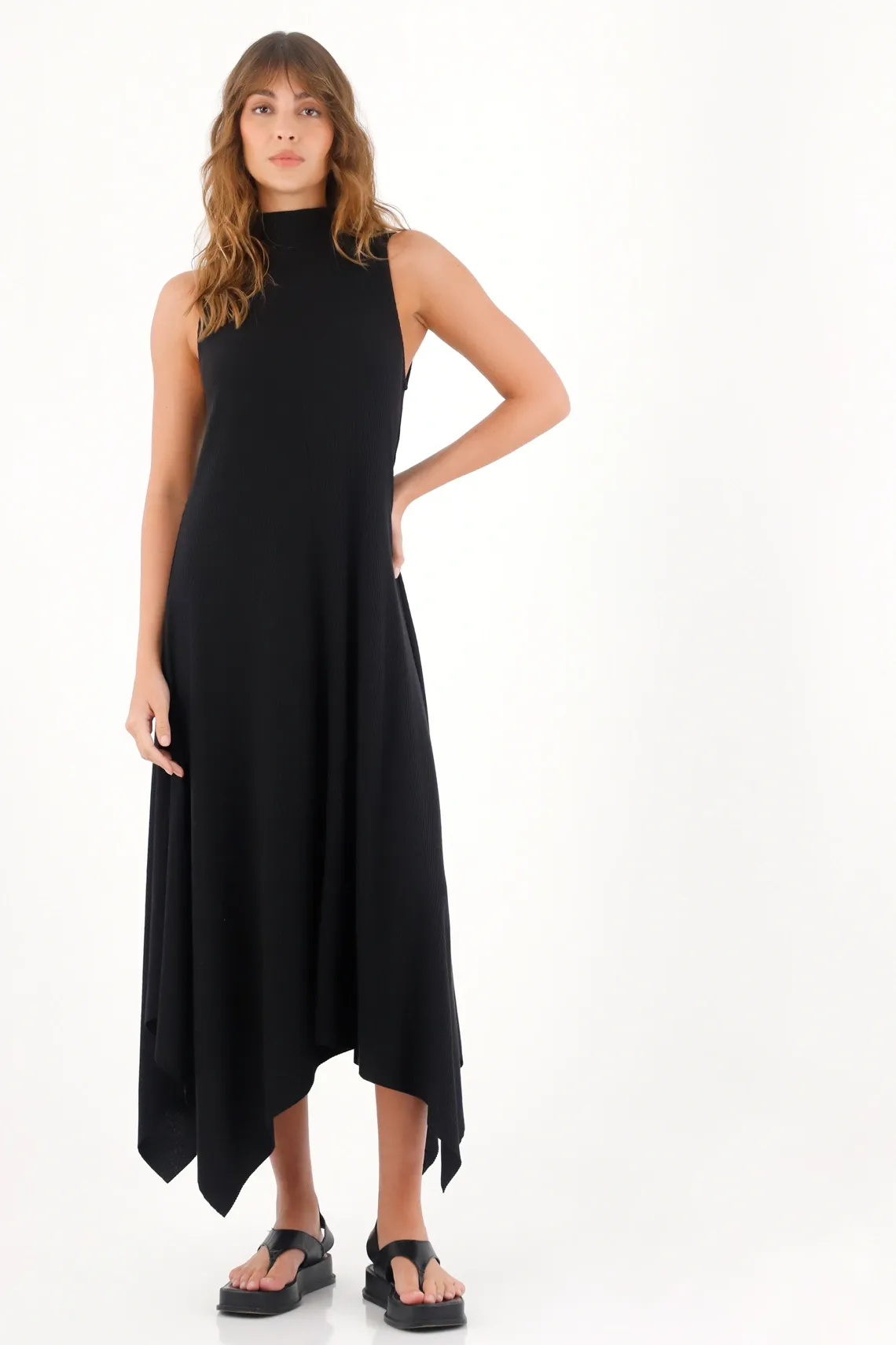 Vestido largo en rib negro para mujer