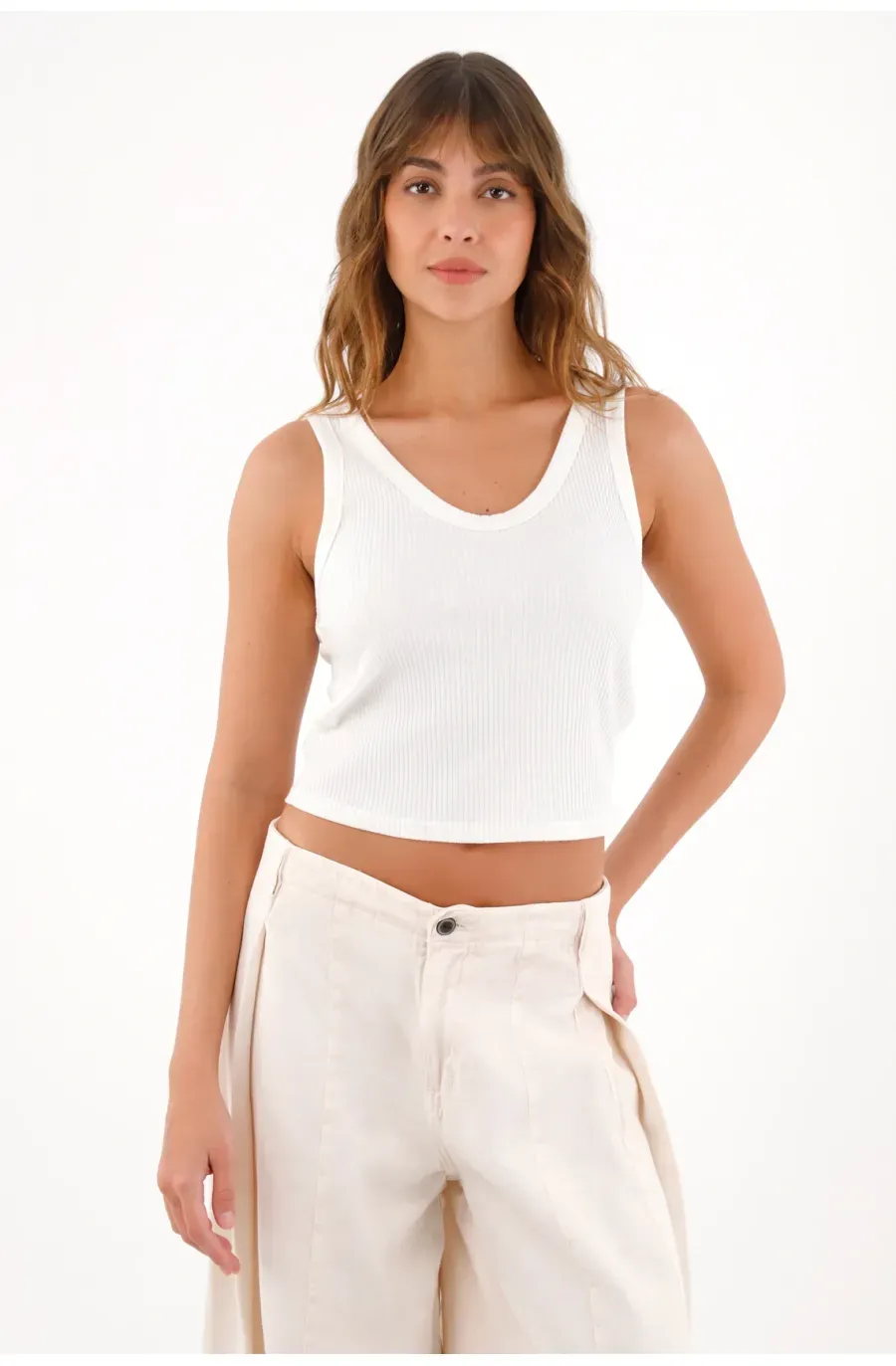 Camiseta manga sisa en rib crudo para mujer