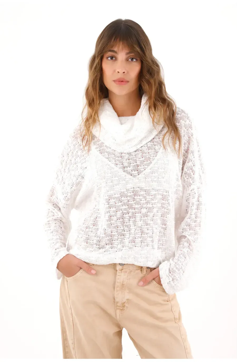 Buzo en tela tejida con transparencia crudo para mujer