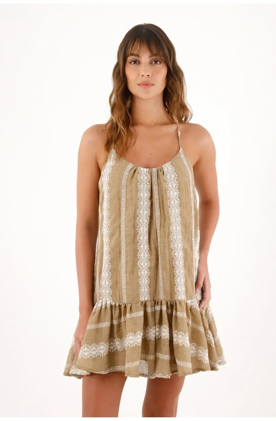 Vestido corto con detalles bordados café para mujer