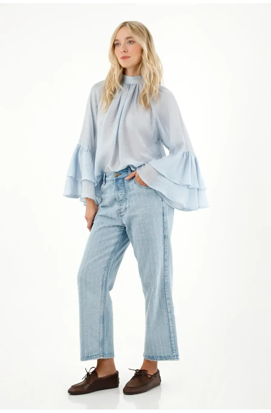 Camisa cuello alto y mangas con bolero azul para mujer
