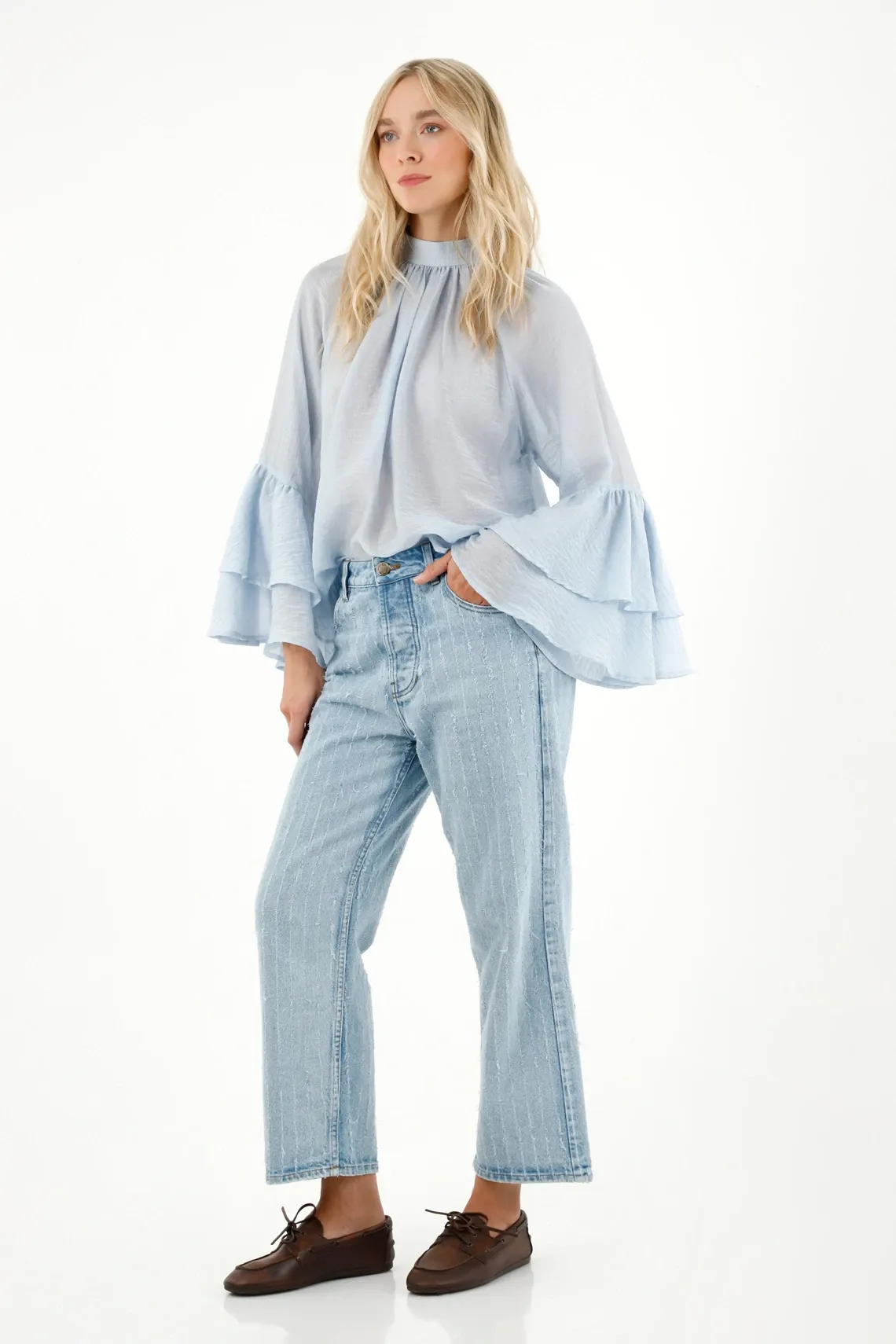 Camisa cuello alto y mangas con bolero azul para mujer