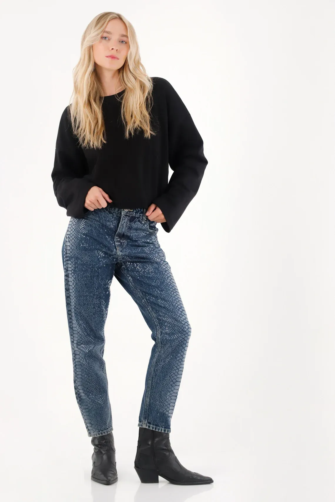 Jean Mom tiro bajo con foil animal print para mujer