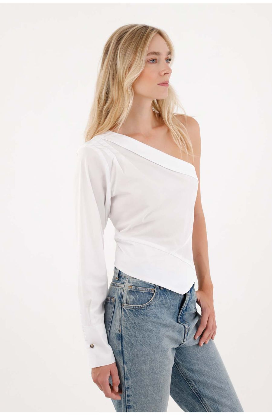 Camisa de un solo hombro blanca para mujer