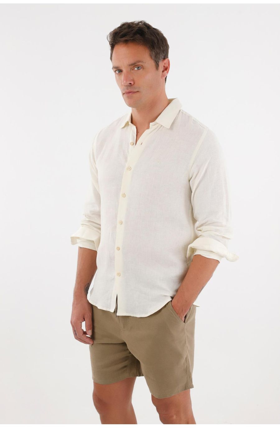 Camisa en 100% lino manga larga crudo para hombre