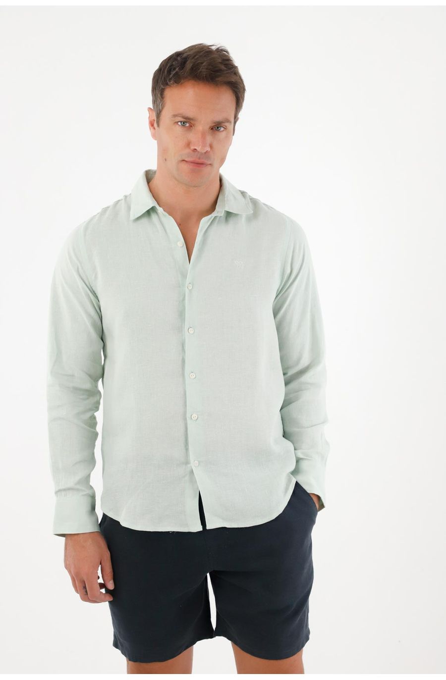 Camisa en 100% lino manga larga verde para hombre