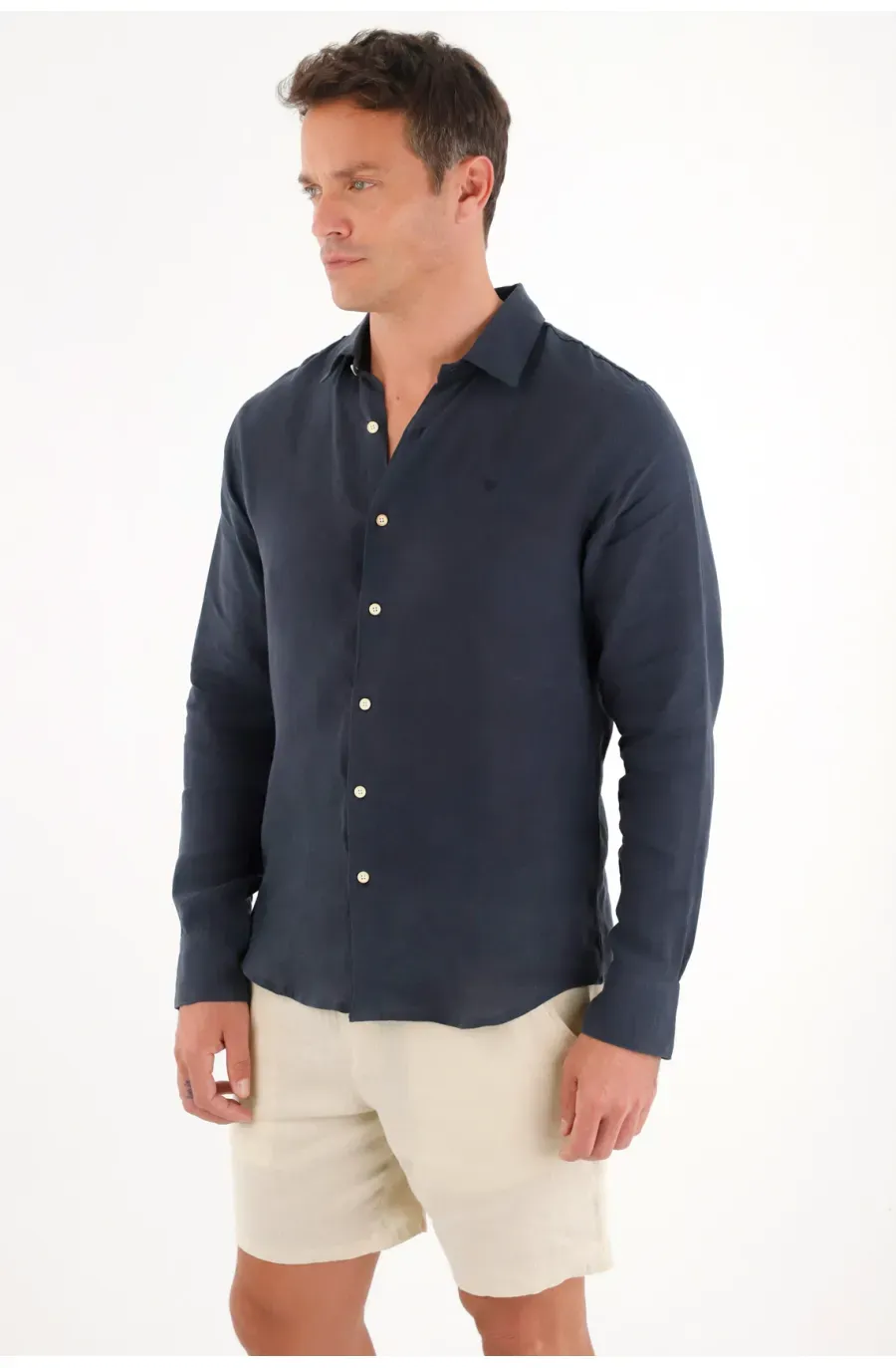 Camisa en 100% lino manga larga azul para hombre