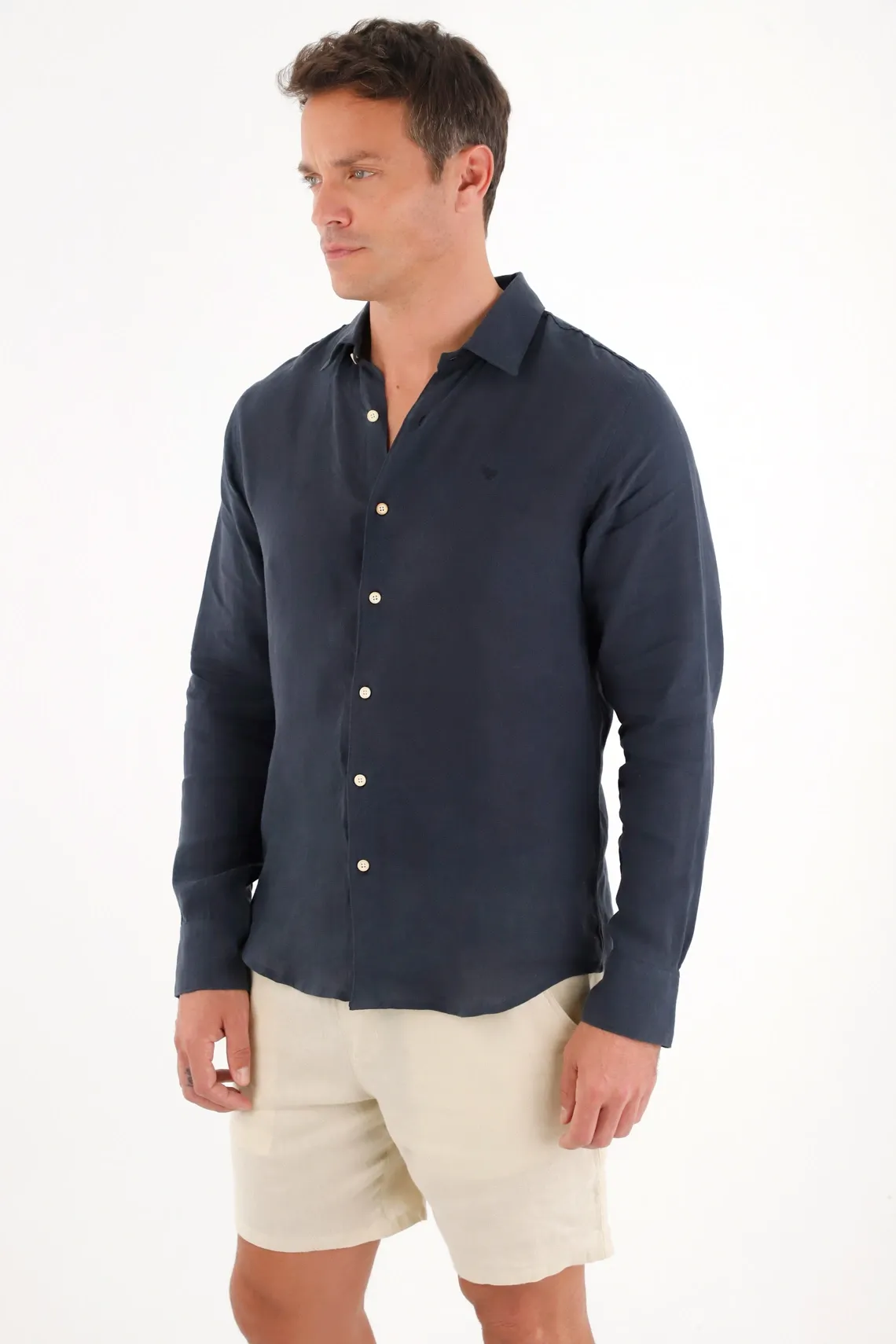 Camisa en 100% lino manga larga azul para hombre