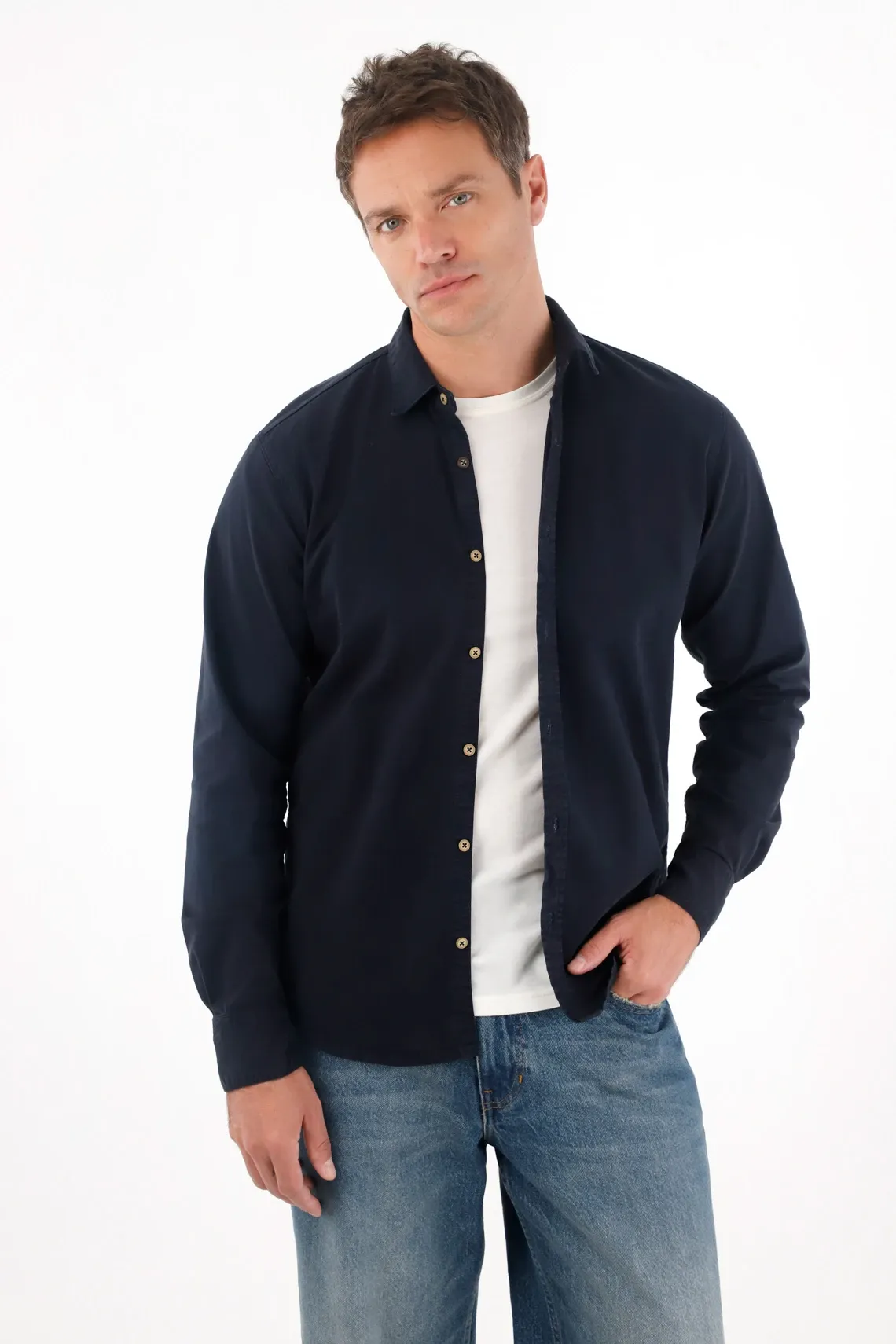 Camisa manga larga clásica azul para hombre