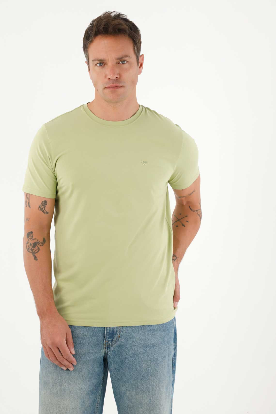 Camiseta manga corta con raqueta estampada verde para hombre