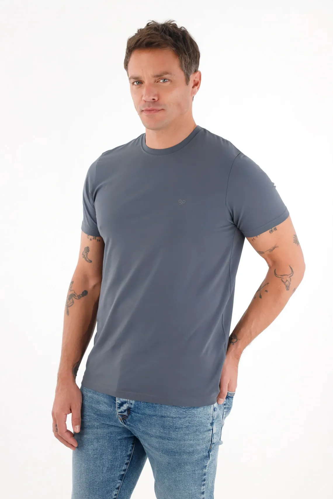 Camiseta manga corta con raqueta estampada azul de silueta amplia para hombre