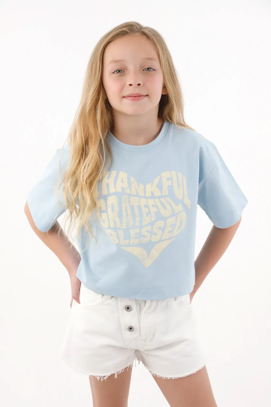 Camiseta básica manga corta azul para niña