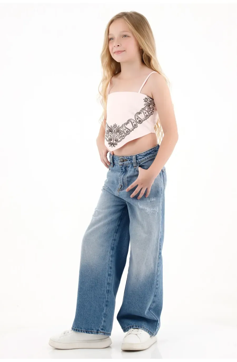 Jean Wide Leg con efecto desgaste azul para niña