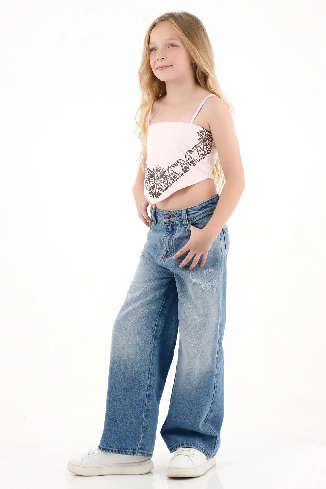 Jean Wide Leg con efecto desgaste azul para niña