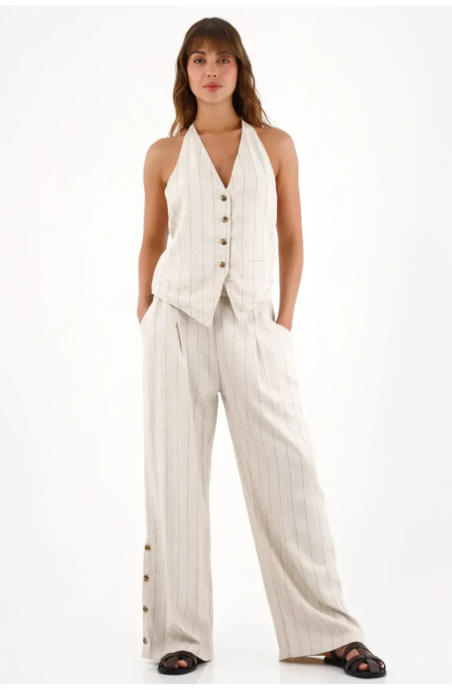 Pantalón Wide Leg a rayas gris para mujer